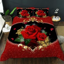 Red Rose Duvet Cover King Size, 3D Oil Red Rose Bedding Set for Girls,Romanti...