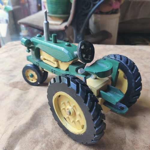 Vintage Farm Tractor Toy Wooden Handmade John Deere Colors Detailed Knobby Tires - Picture 2 of 20