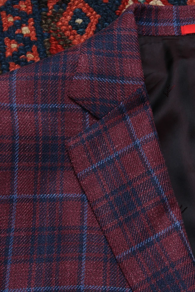 Isaia Napoli Maroon Sport Coat Linen Silk Wool Windowpane Sport Coar 44R - Image 2 of 4