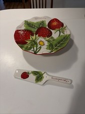 Pier 1 Ceramic Strawberry Cake Stand Hand Painted Red Pedestal W/Serving Utensil