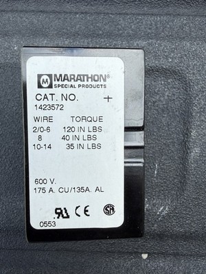 Marathon 1423572 Power Distribution Block, 175A, 3-Pole, 1 Input, 1 Output, 600V