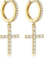 14K Gold Plated Cross Earrings for Women Men, CZ Cross Dangle Earrings Hypoaller