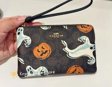Coach Corner Zip Wristlet With Halloween Ghost Pumpkin In Signature Canvas Print