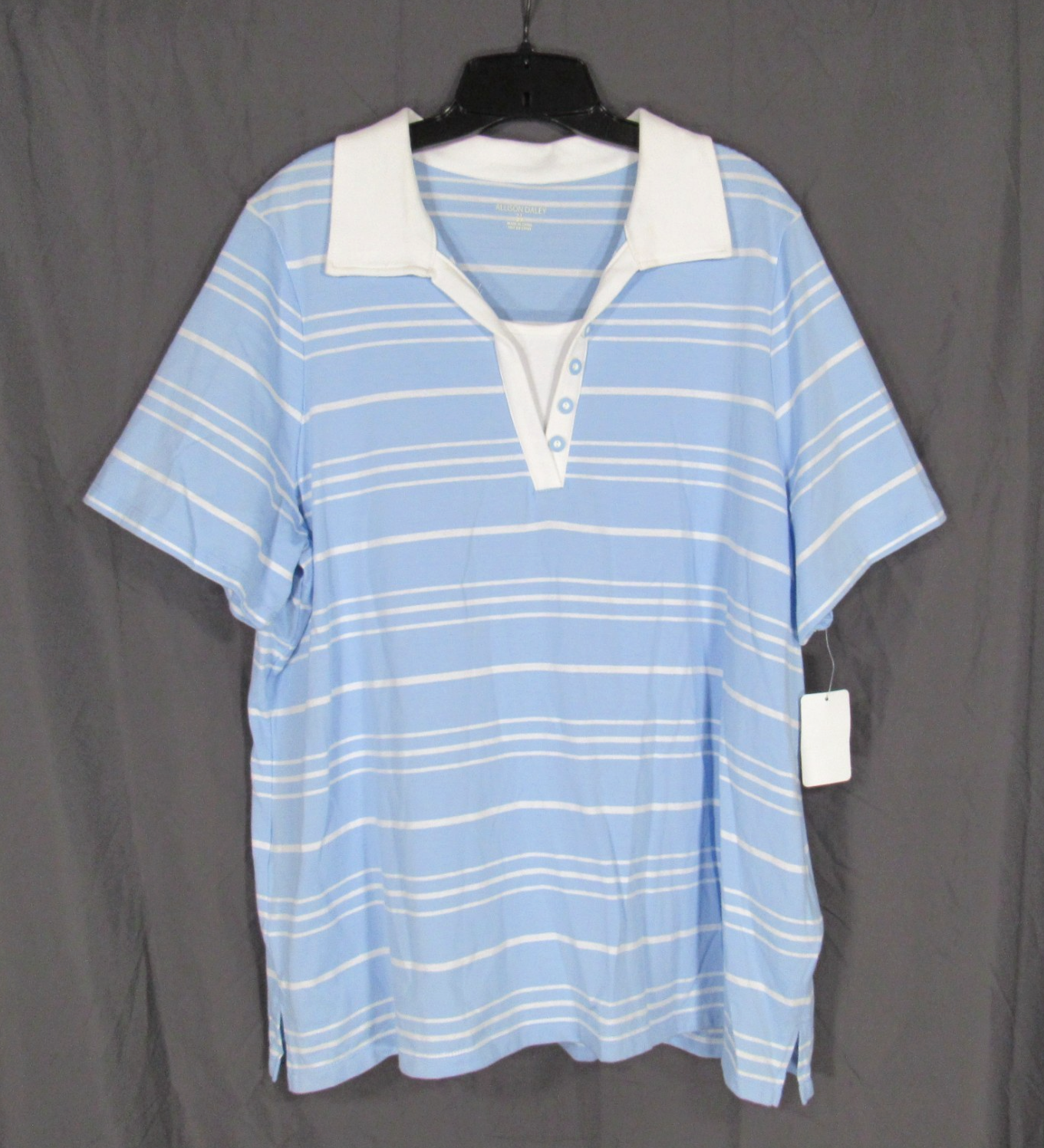 ALLISON DALEY Blue TWILL Faux Button STRIPED Collared POLO SHIRT/TOP Sz 2X