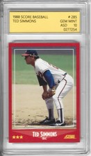 MINT-1988 SCORE #285 TED SIMMONS BRAVES GEM MINT ASD 10