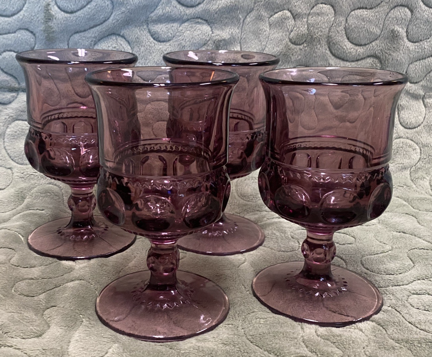 Set (4) Amethyst Indiana Colony Glass Kings Crown Thumbprint Goblets, 5.75