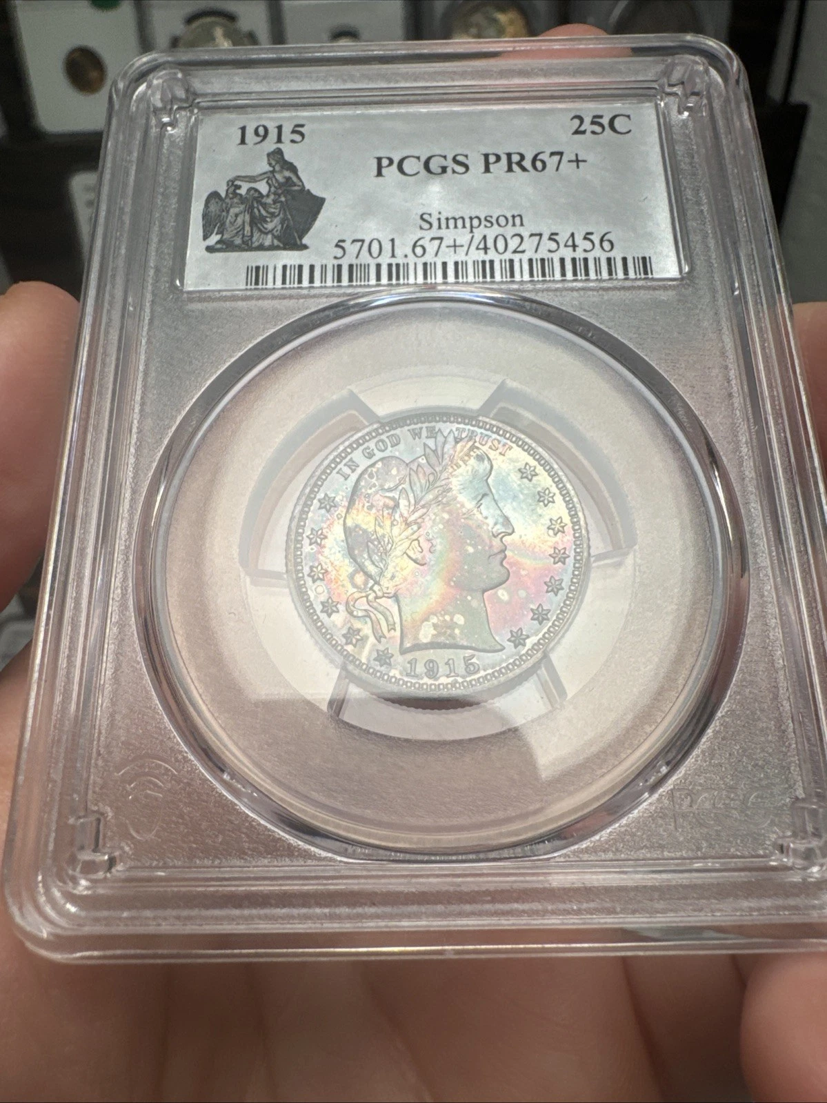 1915 Barber Quarter Dollar Silver Proof Simpson PCGS PR67+ Low Mintage. Toned!