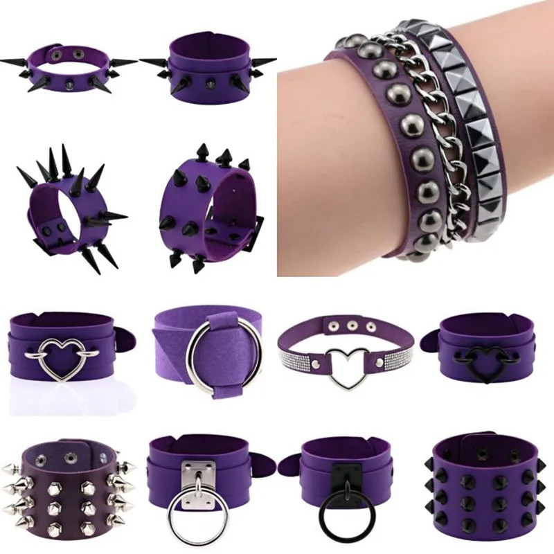 Purple Goth Bracelets For Women Punk Boho Emo Spike Rivets PU