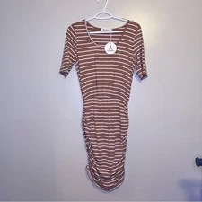 Anrabess Brown and White Striped Midi Dress Ruched Bodycon Small Quarter Sleeve