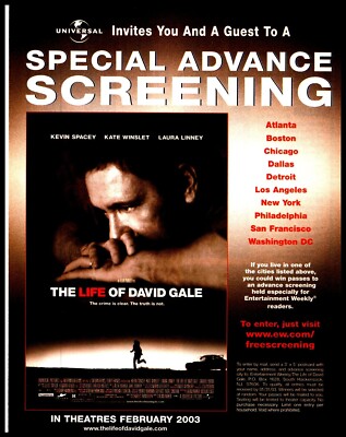 PTP124 MAGAZINWERBUNG 11 X 8'' DAS LEBEN DES DAVID GALE FILM KEVIN SPACEY