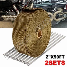 2 Rolls x Titanium Lava Header Manifold Exhaust Heat Wrap Tape 20 Ties 2" X 50ft