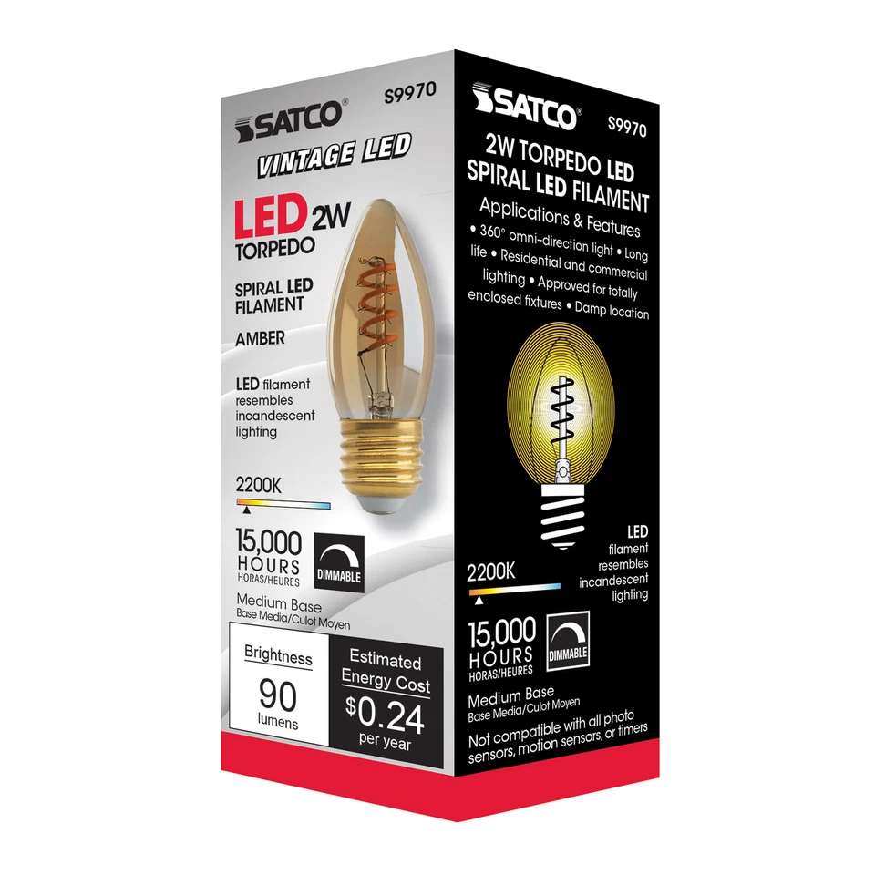 Satco S9970 Amber Spiral Filament LED 2ETC 2W 120V B10 Medium E26 Base Dimmable - Image 4 of 4
