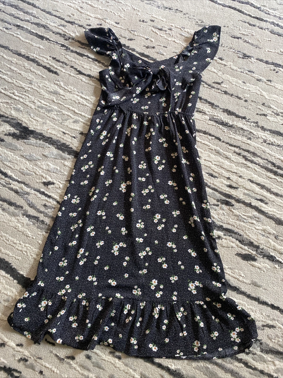 PALM ANGELS Abito donna Monteau nero floreale manica corta MIDI CottageCore a strati con volant