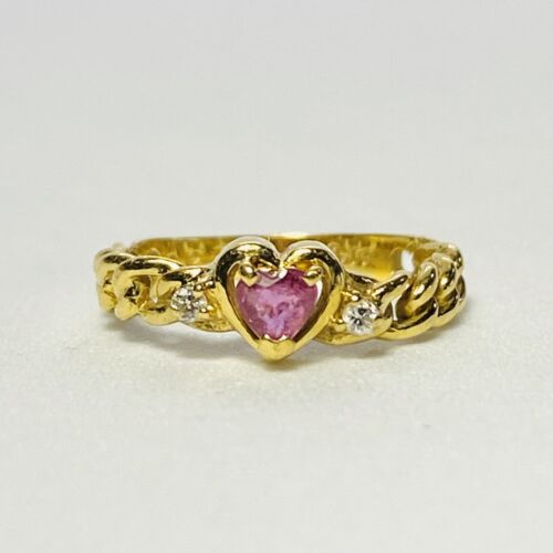 18K Yellow Gold 0.12ctw Heart Ruby 0.03ctw Diamond Cable Shank Size 2 Ring 1.45g - Picture 1 of 8