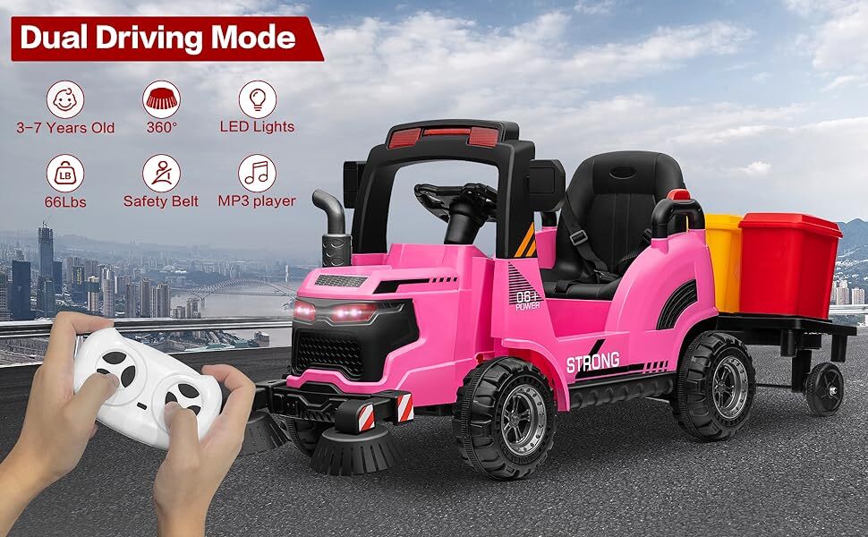 ZEOPHOL 12V Kids Ride On Toy Sweeper Truck Construction Car Trailer&Rubbish Bin