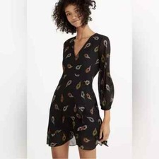 Madewell FAB! Poppy Wrap Dress in Peacock Feathers on Black Chiffon Size 4