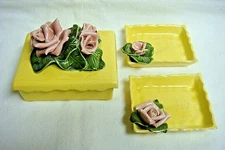 Beautiful & Feminine Vintage Ceramic Cigarette Box & 2 Ashtrays w/ Applied Roses