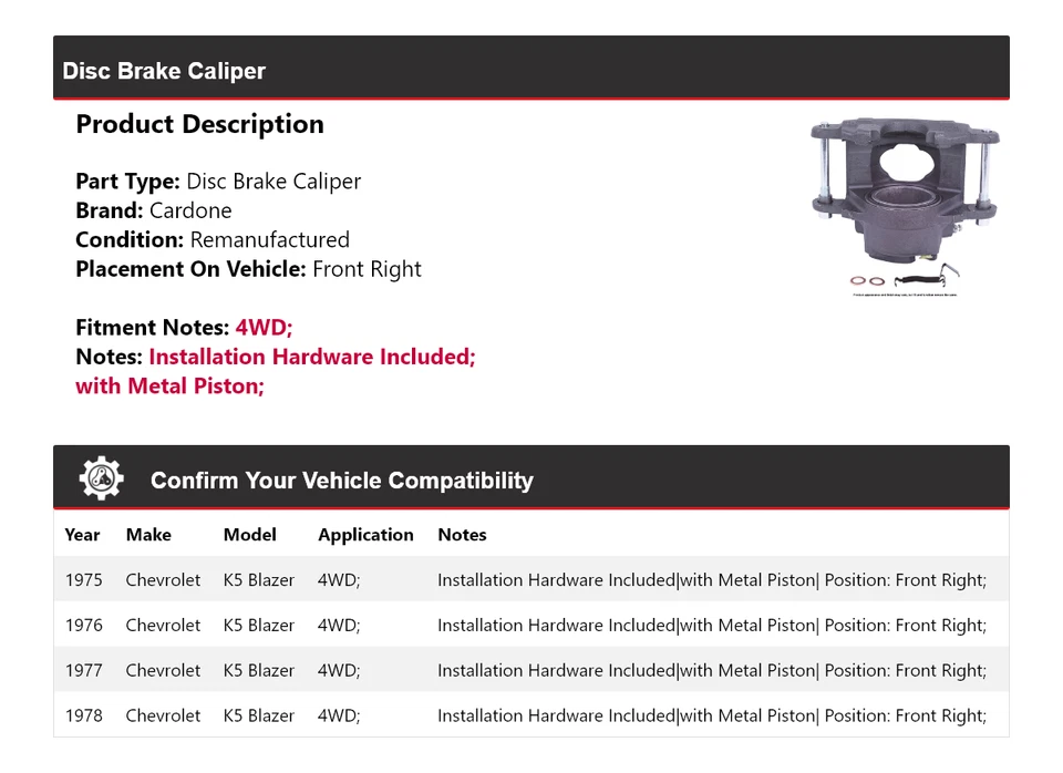 Pinza de freno de disco delantera derecha Cardone para Chevrolet K5 Blazer 1975-1978 4x4 Foto 2 de 4
