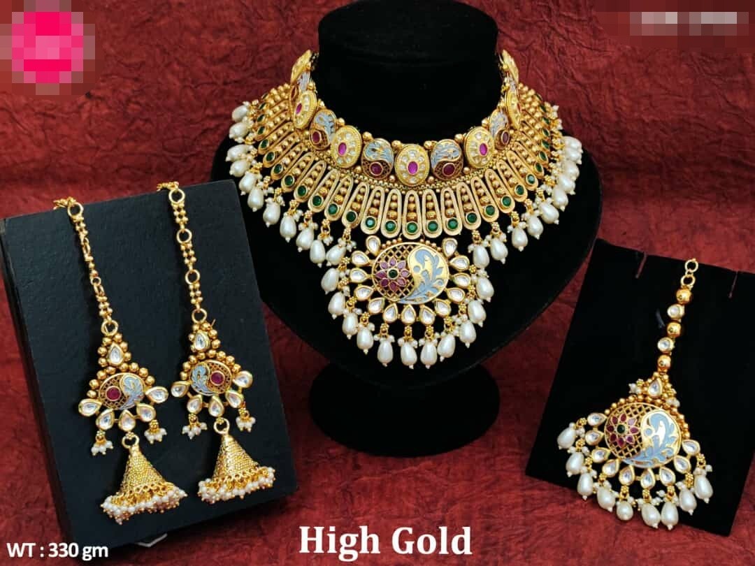 Gold Plated Bollywood Style Indian Bridal Enameled Wedding Necklace Jewelry Set