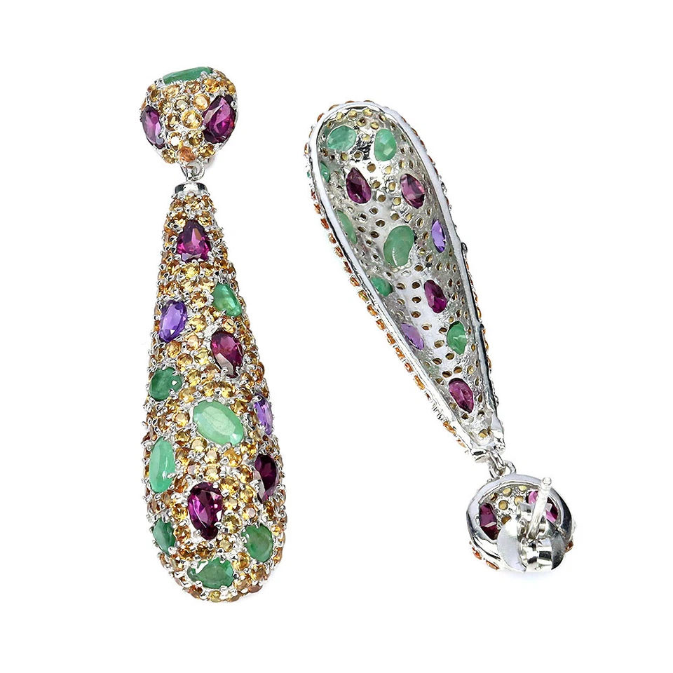 925 Pendientes de Plata de Ley Ovalado Esmeralda Amatista Zafiro Gema Joyería - Imagen 3 de 4