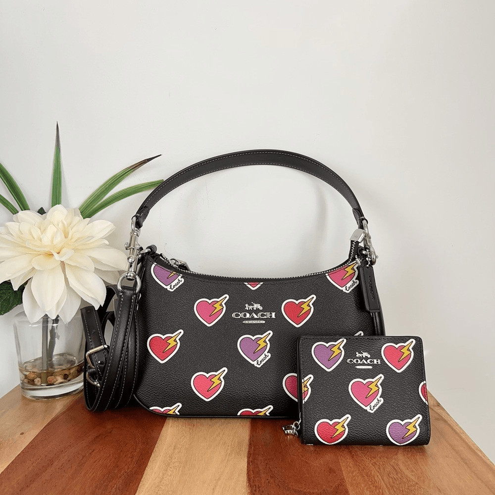 NWT Coach Teri Shoulder Bag and Snap Wallet With Heart Bolt Print