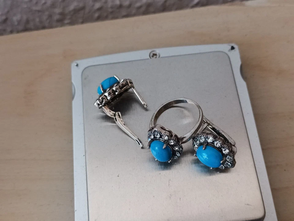Set Gioielli Classico Orecchini & Anello 925 Vero Argento & Turchese Di Israele - Immagine 3 di 4