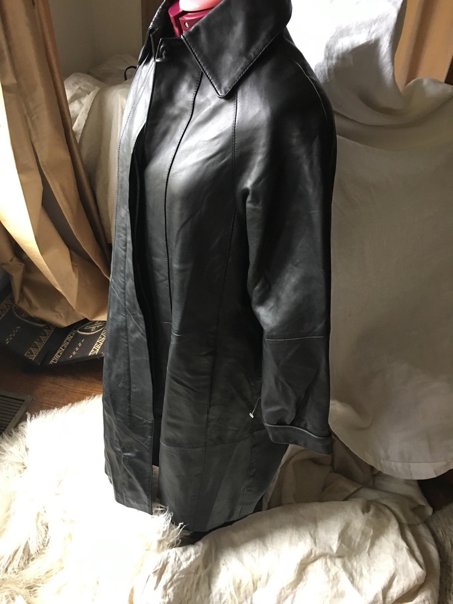 ジャケット・アウター LENO BIGTRENCHCOAT Leno Leather Jacket Womens Sz L Black Trench Coat Full