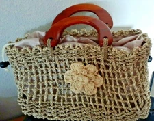 Woven Jute Handbag Wood Handles Drawstring Lined Flower Accent Boho