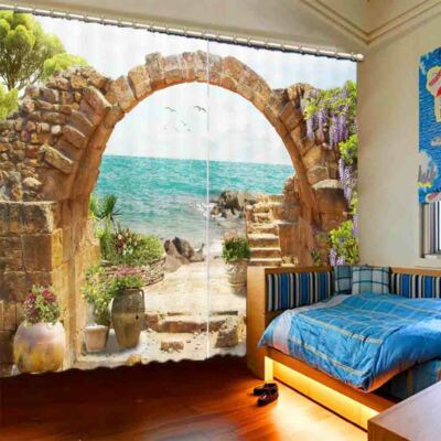 Stone Arches And The Sea 3D Blockout Photo Print Curtain Fabric Curtains Window