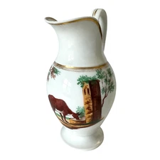 Antique French Old Paris Porcelain Pitcher - Steer Design & Gold Gilt Trim