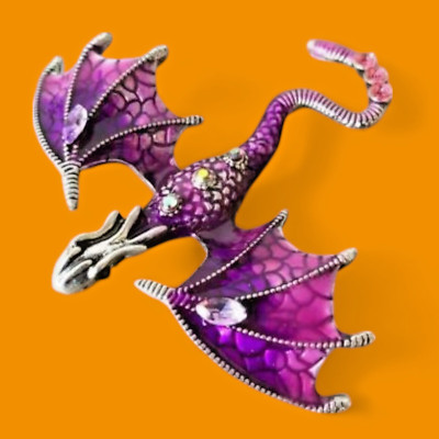 PURPLE DRAGON BROOCH or PENDANT flying wyvern enamel crystal pin fantasy S2