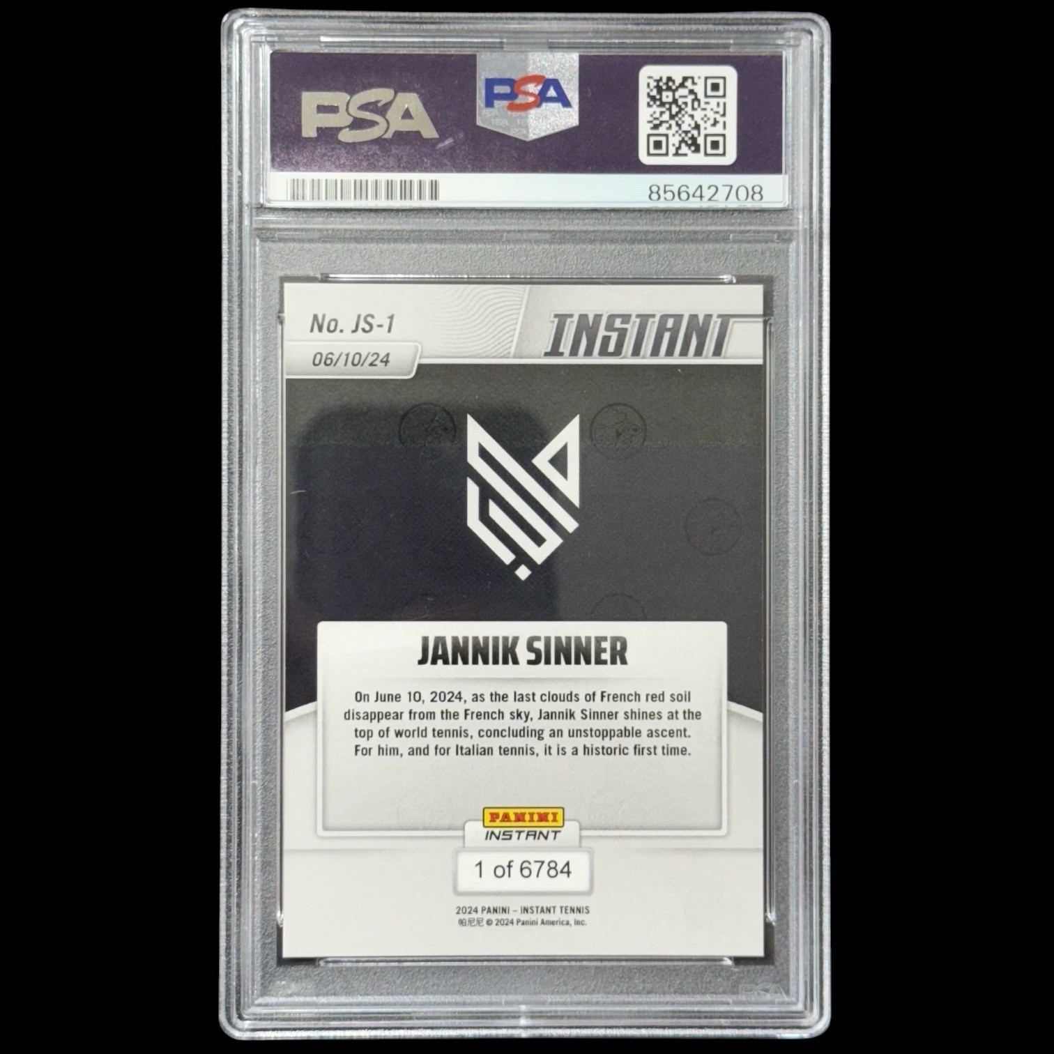 Jannik Sinner 2024 Panini Instant Rookie Auto PSA 10 Autograph RC /6784 view 2