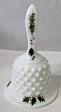 Vintage Fenton Milk Glass Hobnail Bell Hand Painted Holly Berry Design Signed