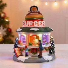 Christmas Village Houses - Animated Hamburger Shop with LED Lighted and 8 Xma...