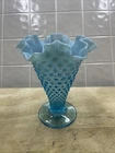 Vintage Fenton Aqua Blue Opalescent Hobnail Vase Ruffled Edge Large 8" Pre 70s
