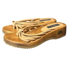 Y2K Candies Platform Sandals Womens 8M Tan Leather Strappy Wood Wedge Brazil