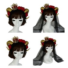 Crown Ox Horn Headband Halloween Flower Veil Headdress Party Hair Accessories