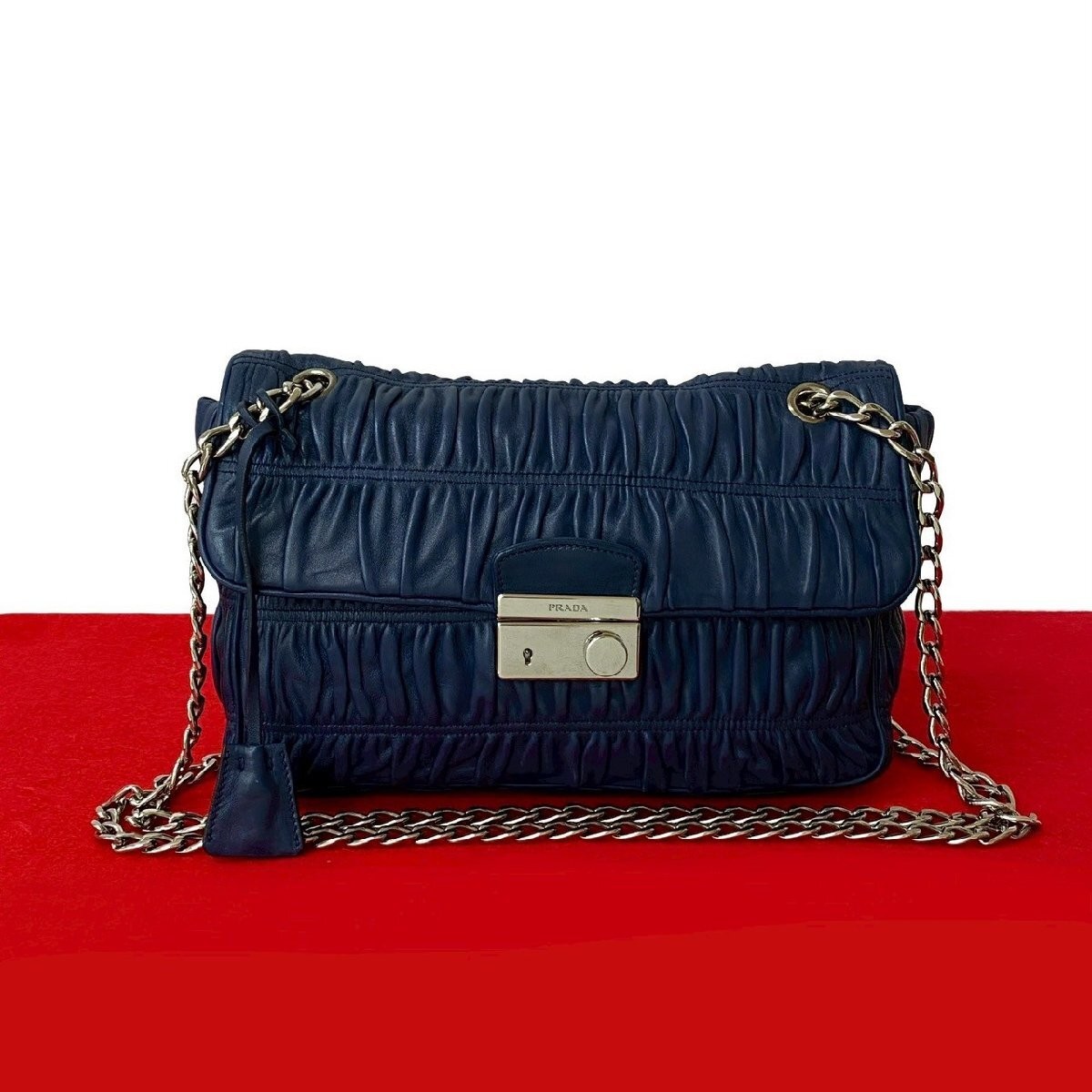 Prada Lock Leather Genuine Chain Semi Shoulder Bag with Gathered Detail