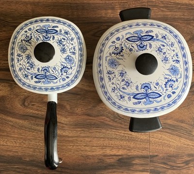 VTG Blue Onion Enamel Pot Set Lids Square Mid Century Cera-Met Cookware