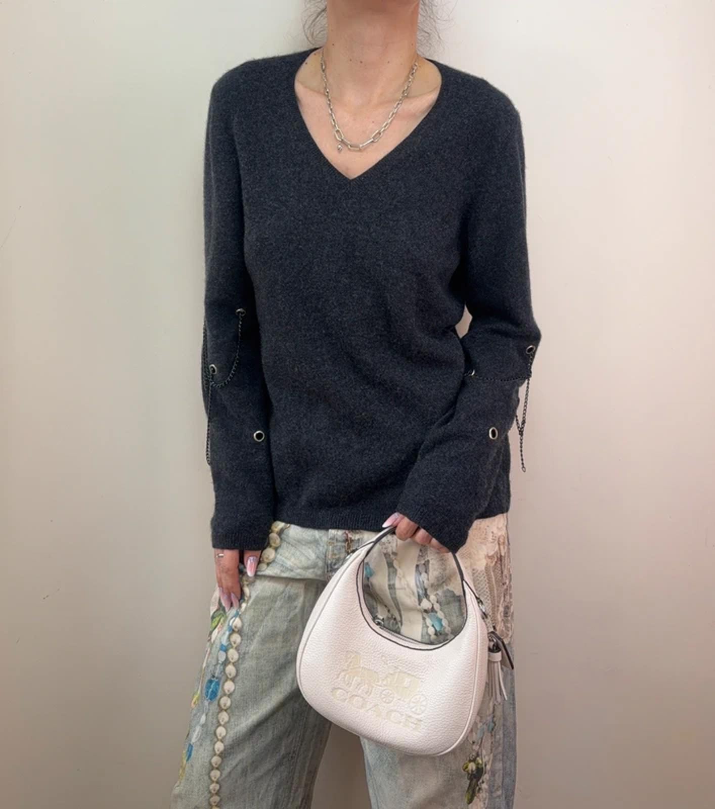 N.Peal 100% cashmere jumper charcoal V-neck S grunge custom knit chain designer