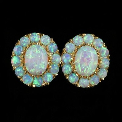 14K Yellow Gold Plated 2Ct Oval Lab-Created Opal Womens Halo Fancy Stud Earrings