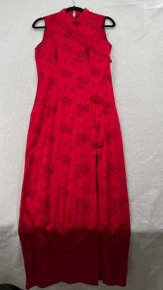Antigo Vestido Longo Feminino Sally Vermelho Floral Jacquard Asiático Sem Mangas Tamanho P