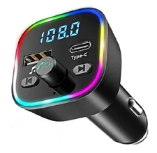  FM Transmitter for Car, Bluetooth Car Adapter with 7 Colors LED Backlight, Wire