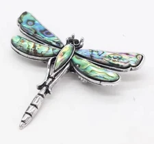 Alloy Silver Abalone Dragonfly Brooch/ Pin or Pendant with Black Crystal Eyes