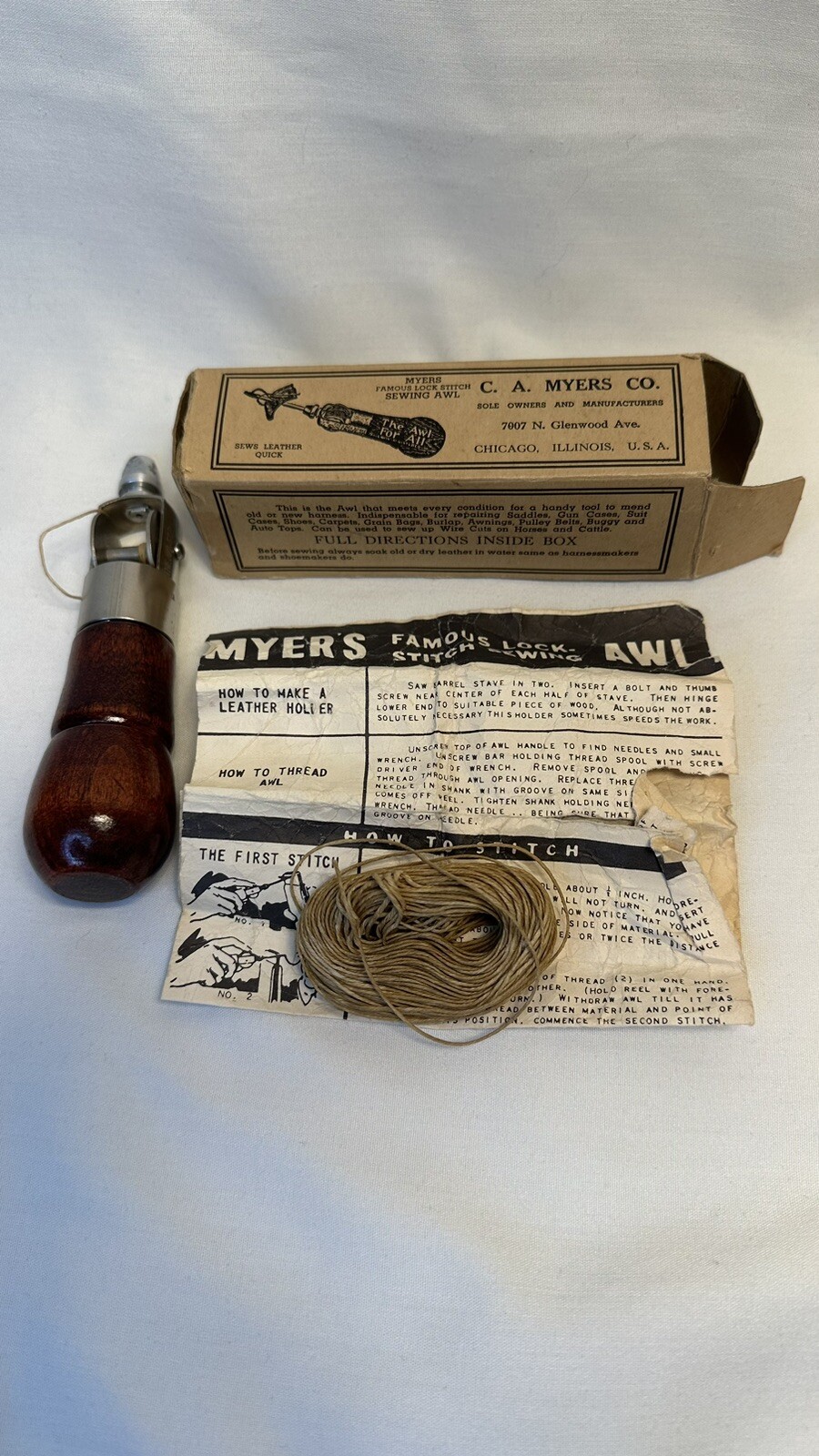 Vintage C.A. Myers Co Lock Stitch Combination Sewing Awl For Leather