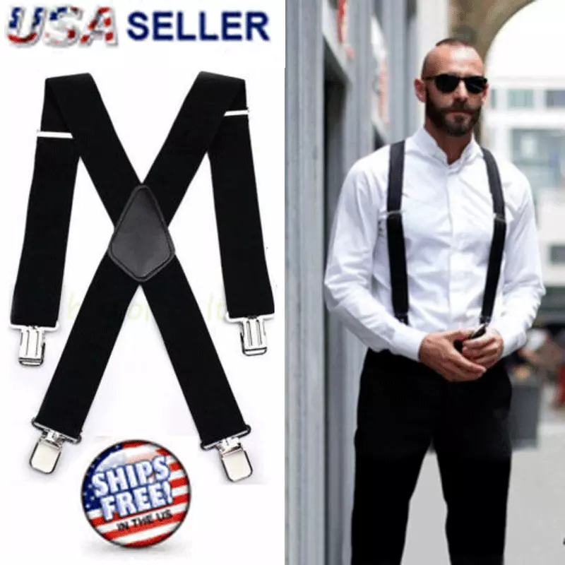 Mens Braces Suspenders Black 50mm X Back Heavy Duty Biker Snowboard  Trousers