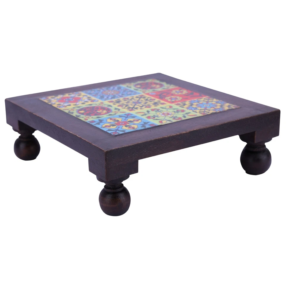 Wooden Chowki, Tiles Fitted Bajot, Pooja Chowki, Baby Sitter Stool, Home Decor - Image 2 of 4