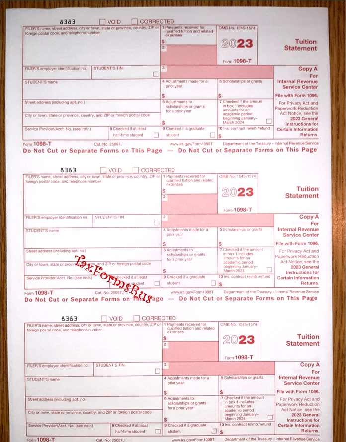 2023 IRS Tax Form 1098-T single sheet set for 3 students 