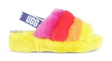 UGG Fluff Yeah Slide Pride Rainbow Yellow Fur Slippers Womens Size 8 NIB