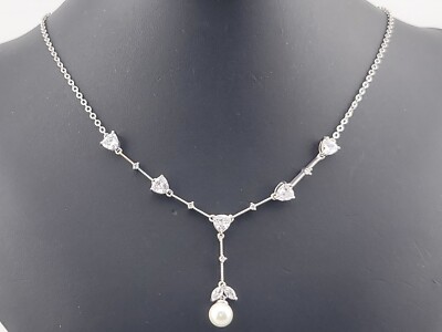 Elegant Signed Mariell Crystal Faux Pearl Rhodium Finish Y-Drop Choker Necklace